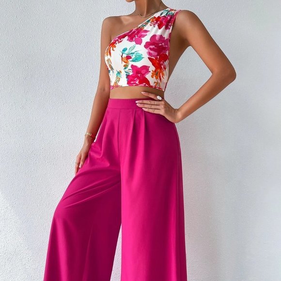 Pink Boho Womens Floral Print One Shoulder Top & Wide Leg Pants - Picture 5 of 5